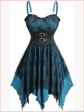 Plus Size Gothic Midi Corset Dress Spaghetti Strap Lace Overlay Handkerchief Hem